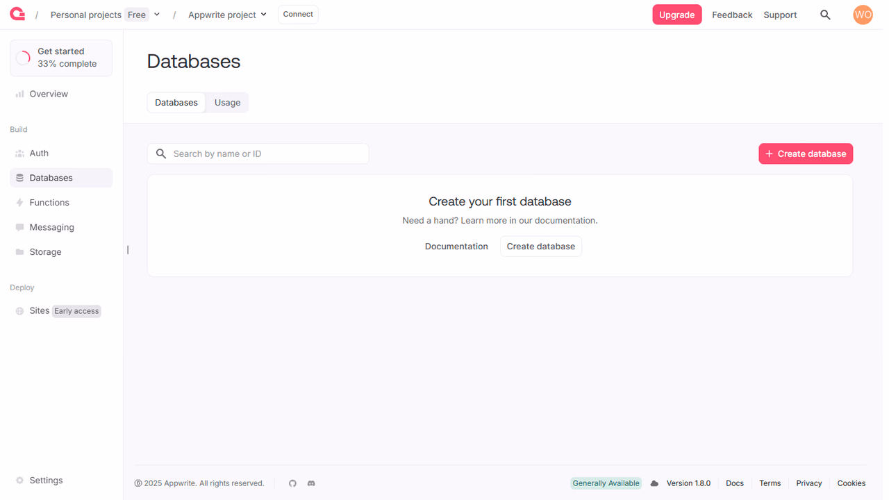 Create databases screen
