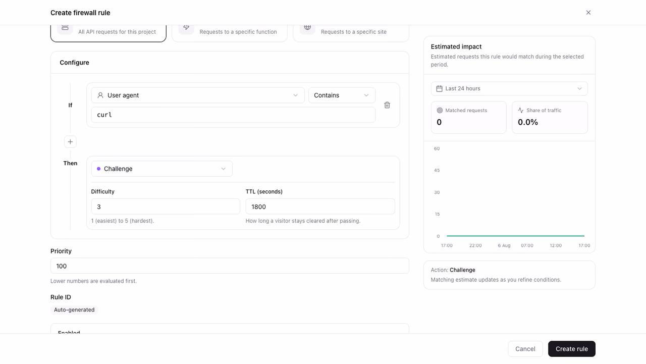 Create firewall rule wizard with challenge settings