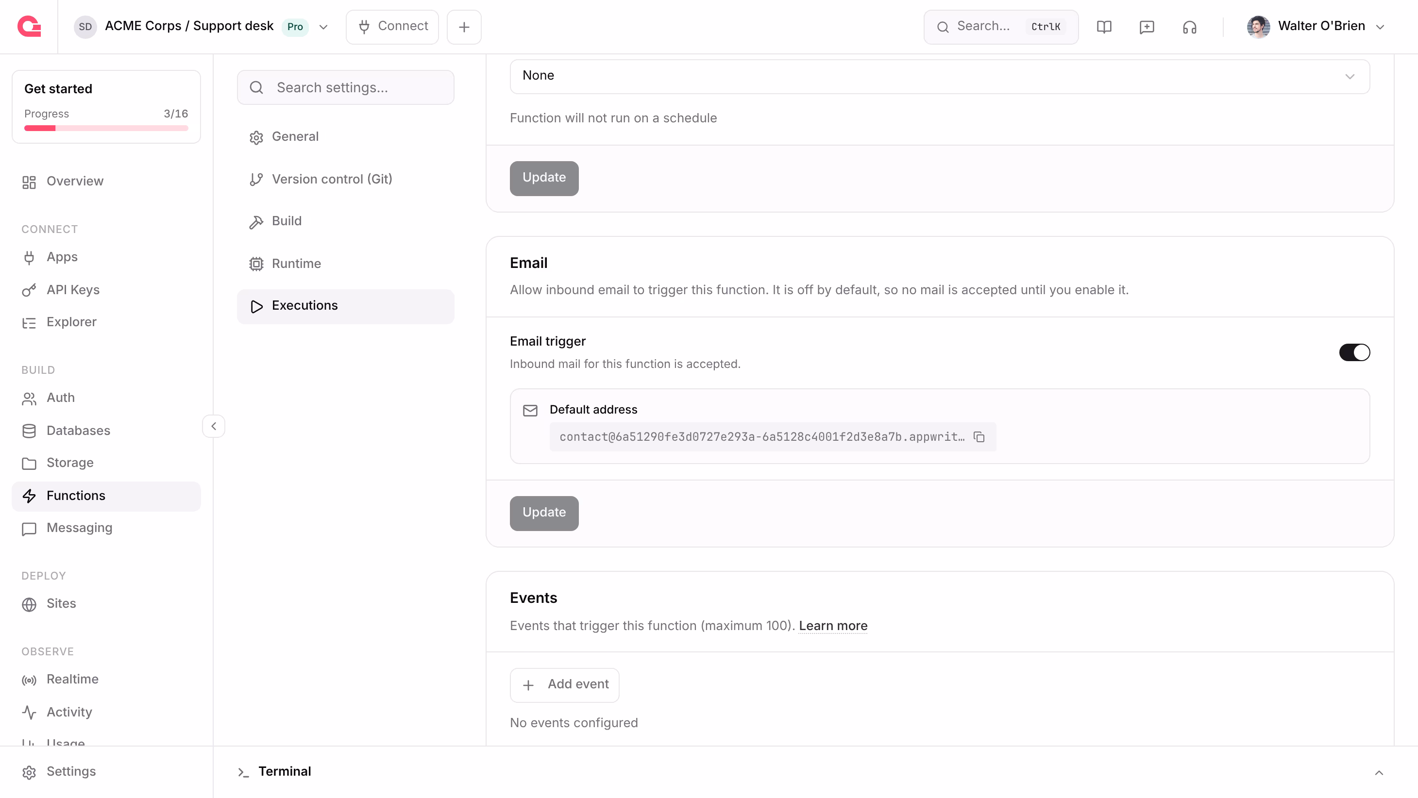 Email card with Email trigger turned on and the built-in address under Default address