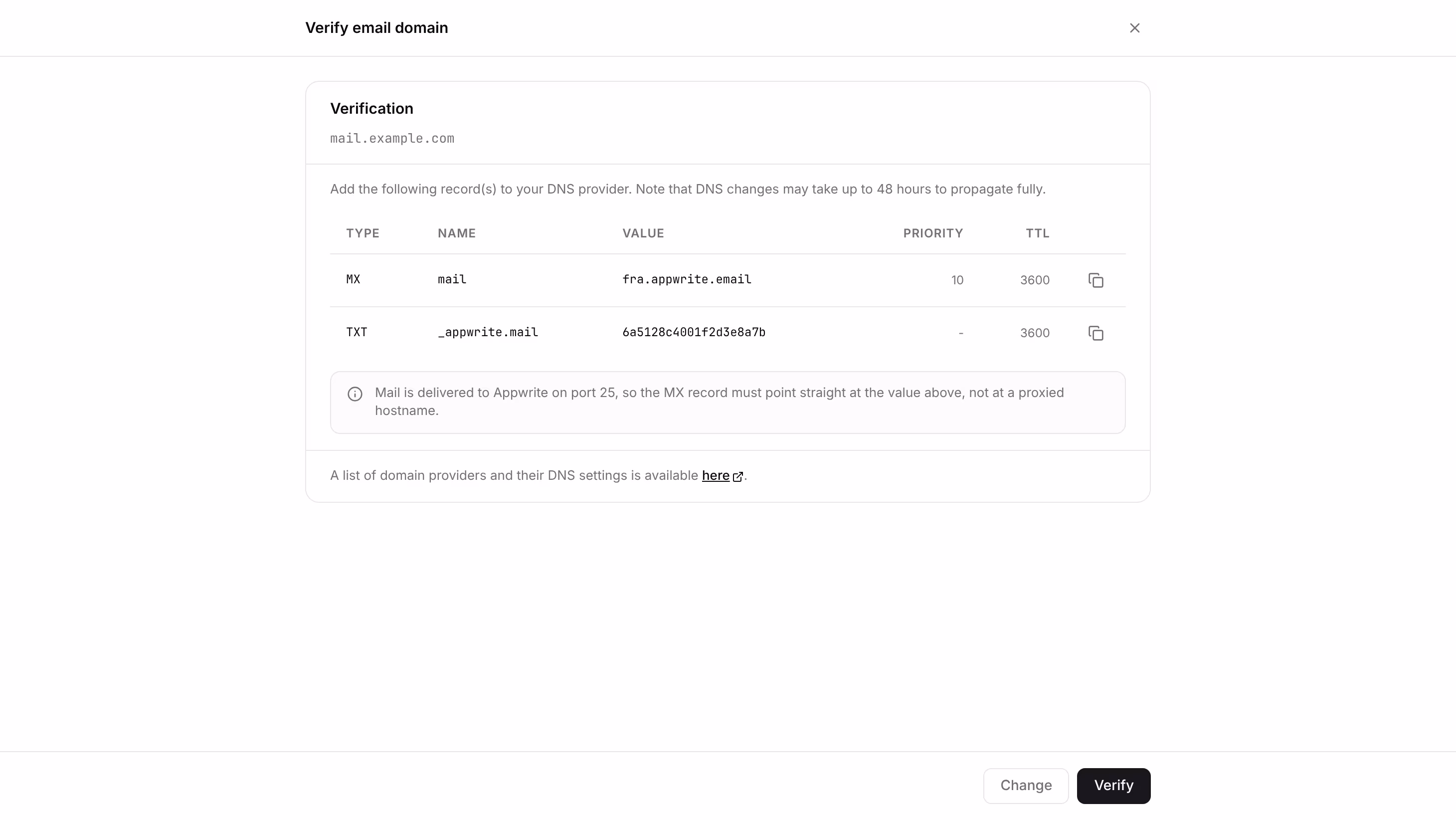 Verify email domain screen with the MX and TXT records for mail.example.com