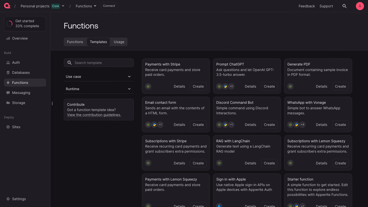 Templates screen