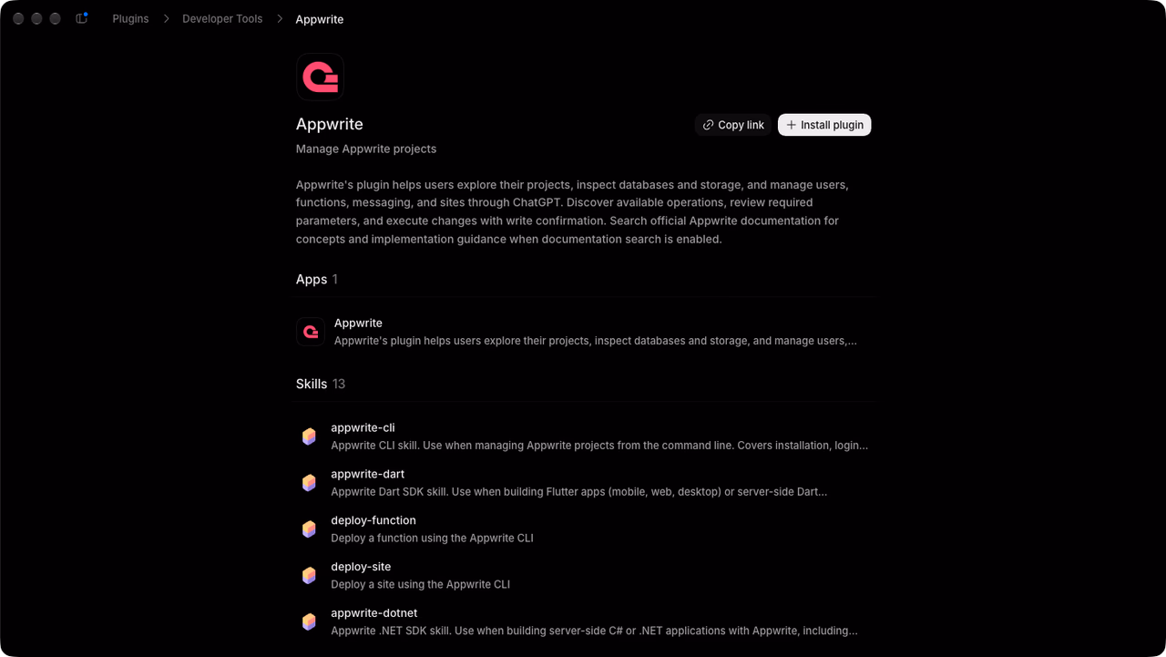 Appwrite plugin page in the ChatGPT desktop app