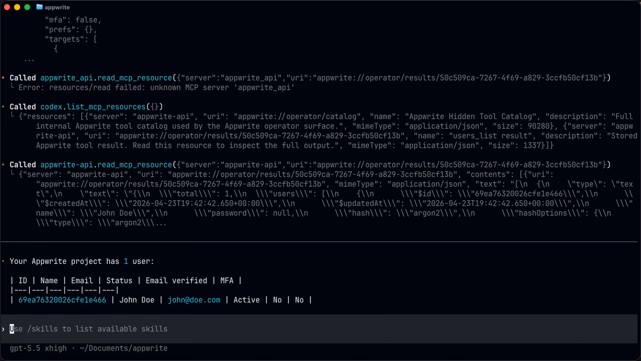 Codex listing users via the Appwrite API MCP