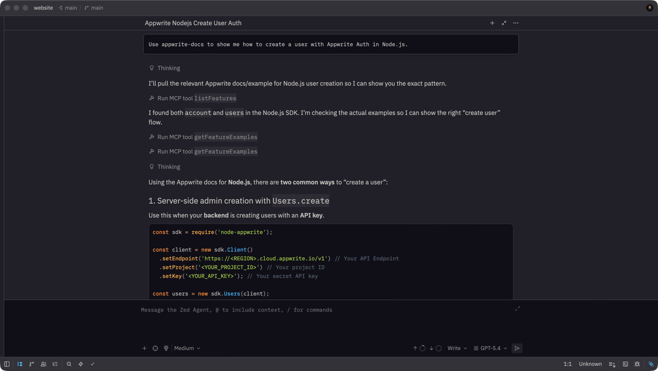 Zed Agent using the Appwrite docs MCP
