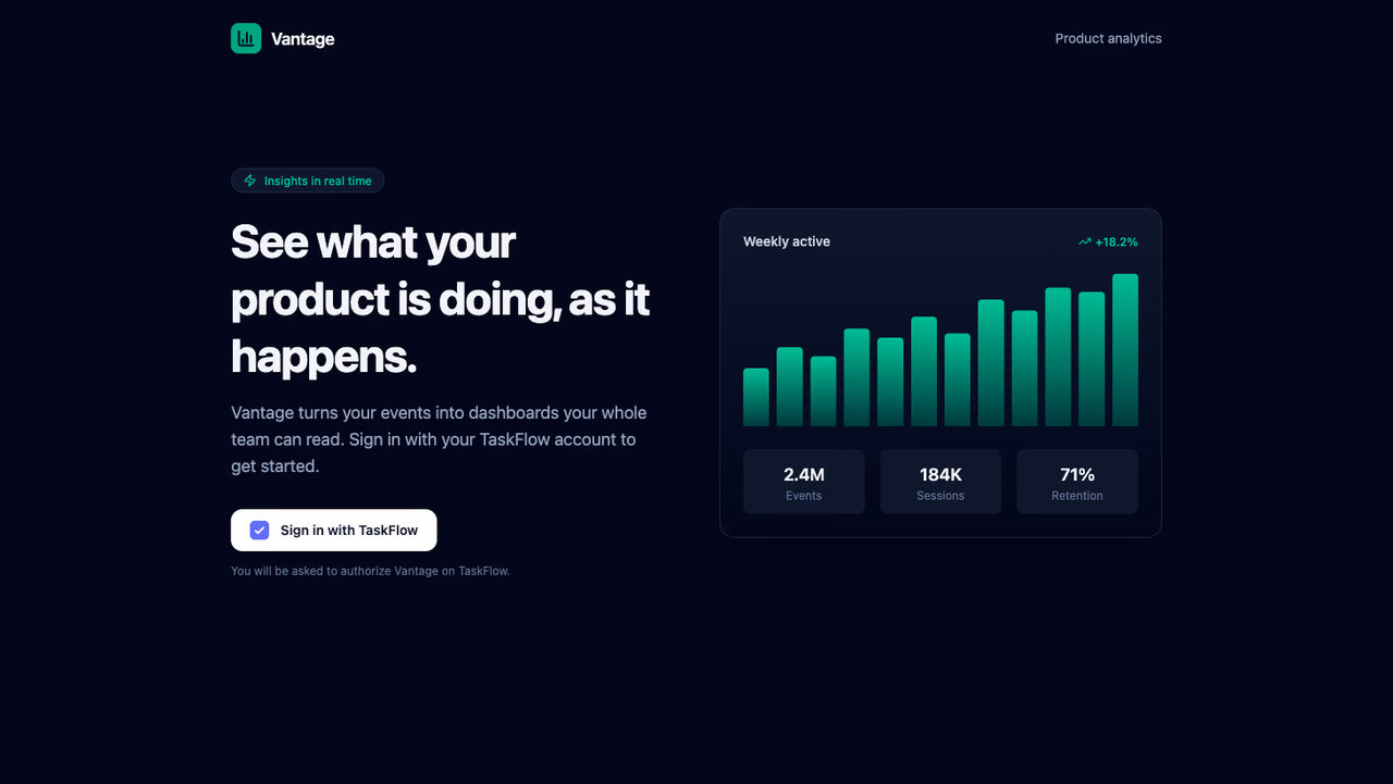 Vantage landing page with a Sign in with TaskFlow button