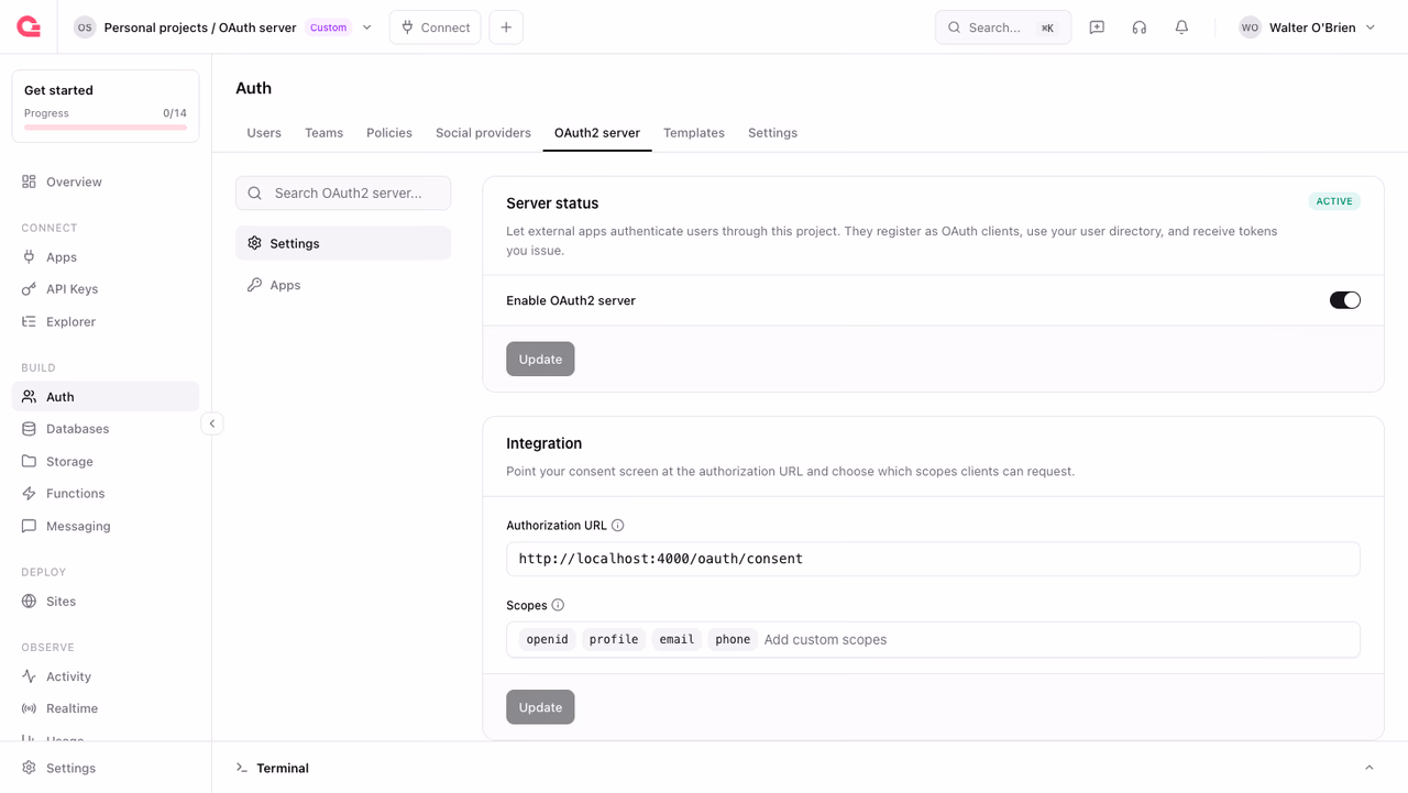 Configuring scopes on the OAuth2 server