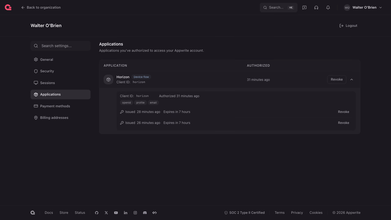 Account applications page listing authorized apps with their token families