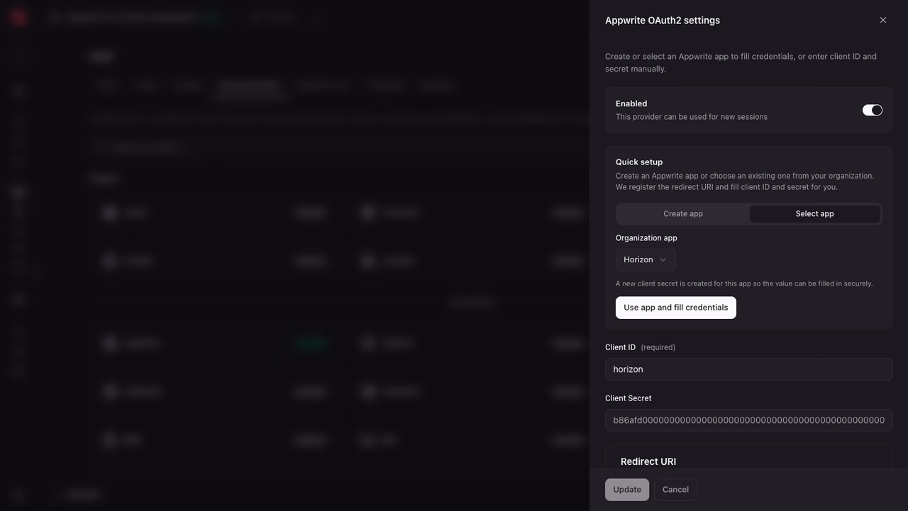 Appwrite provider settings with quick setup filling credentials from an organization app