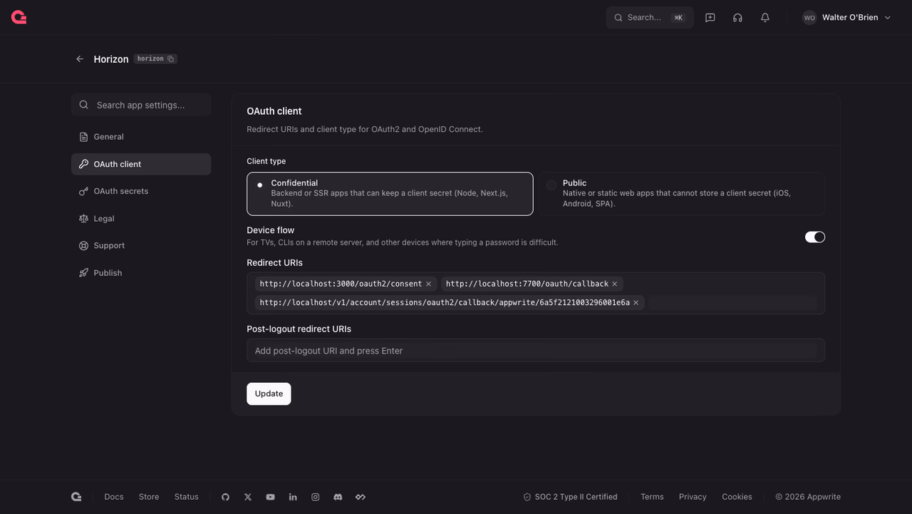 OAuth client page with client type and redirect URIs