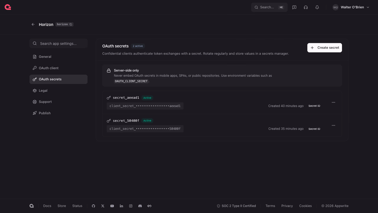 OAuth secrets page with active secrets