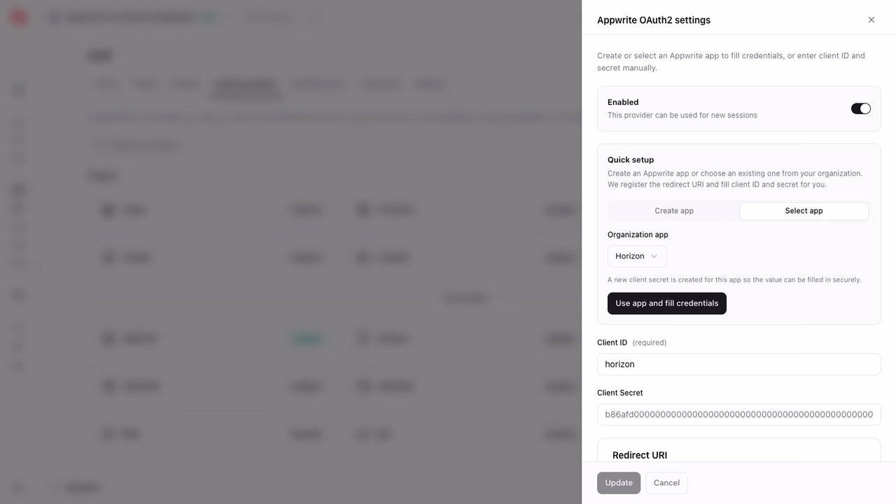 Appwrite provider settings with quick setup filling credentials from an organization app