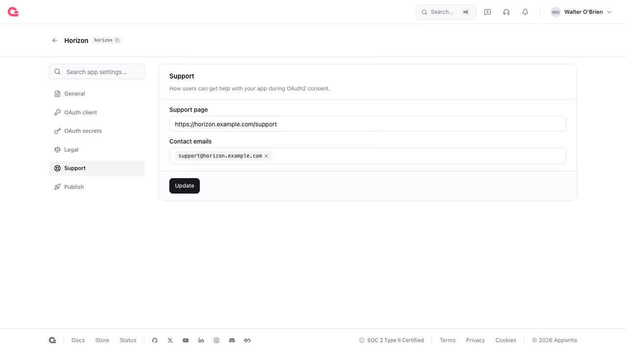 Support page with a support URL and contact emails field