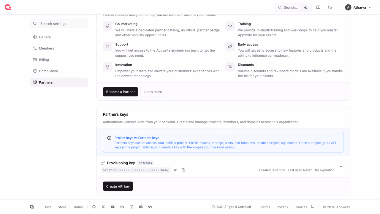 Partners keys card in organization settings