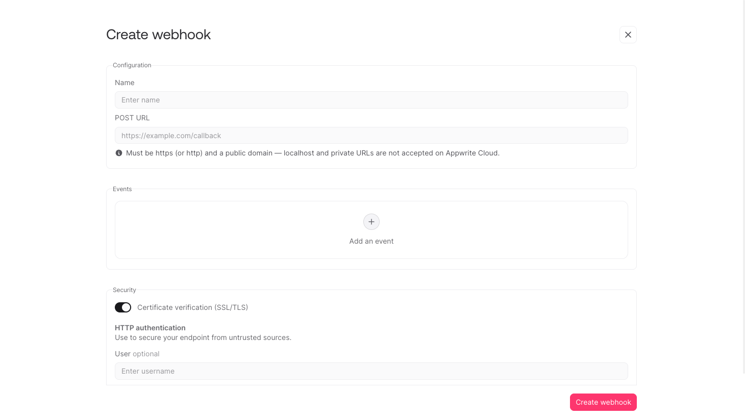 Create webhook screen