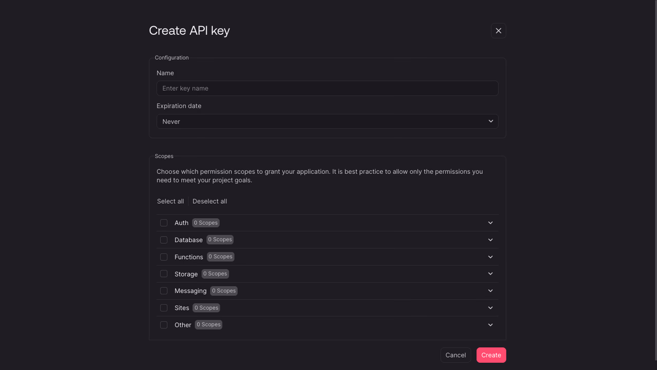 Project settings screen