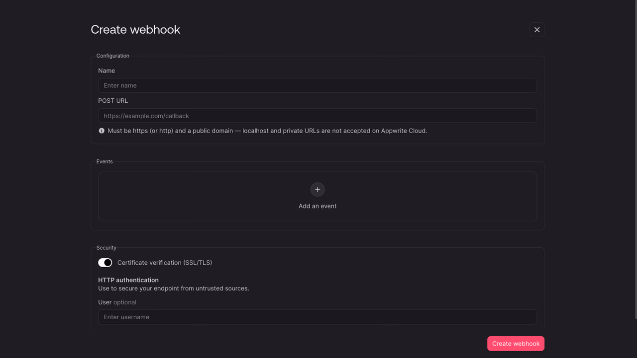 Create webhook screen