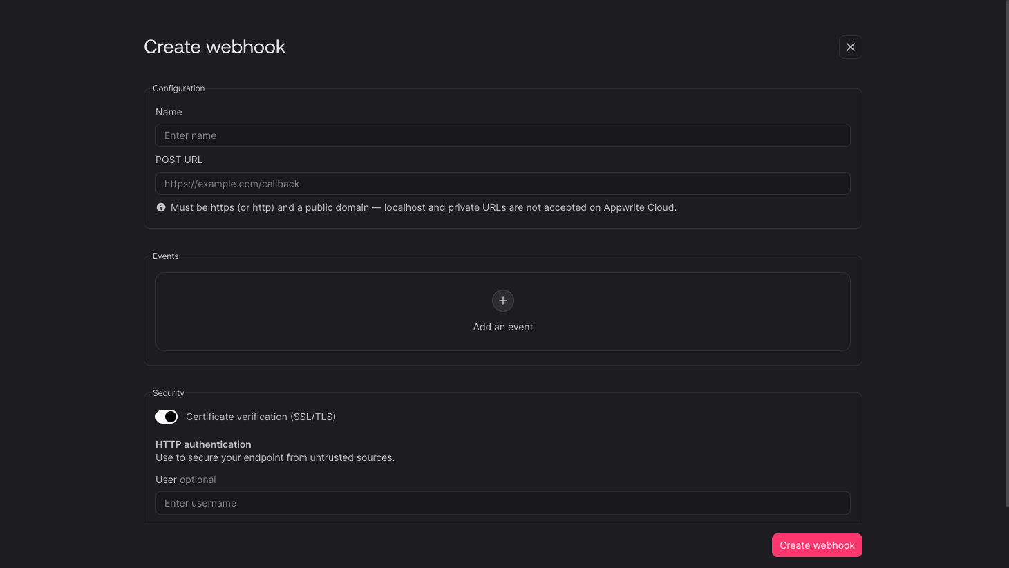 Create webhook screen