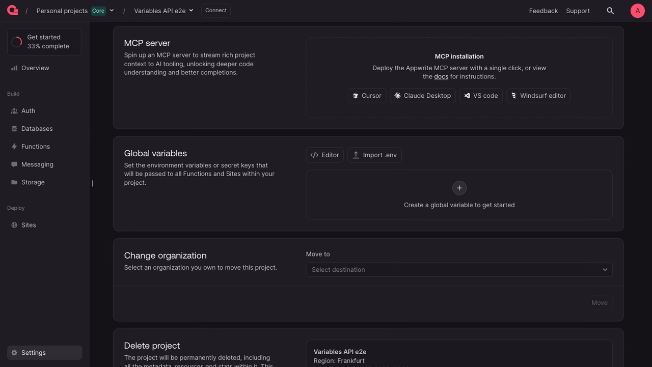 Project Global variables in the Appwrite Console