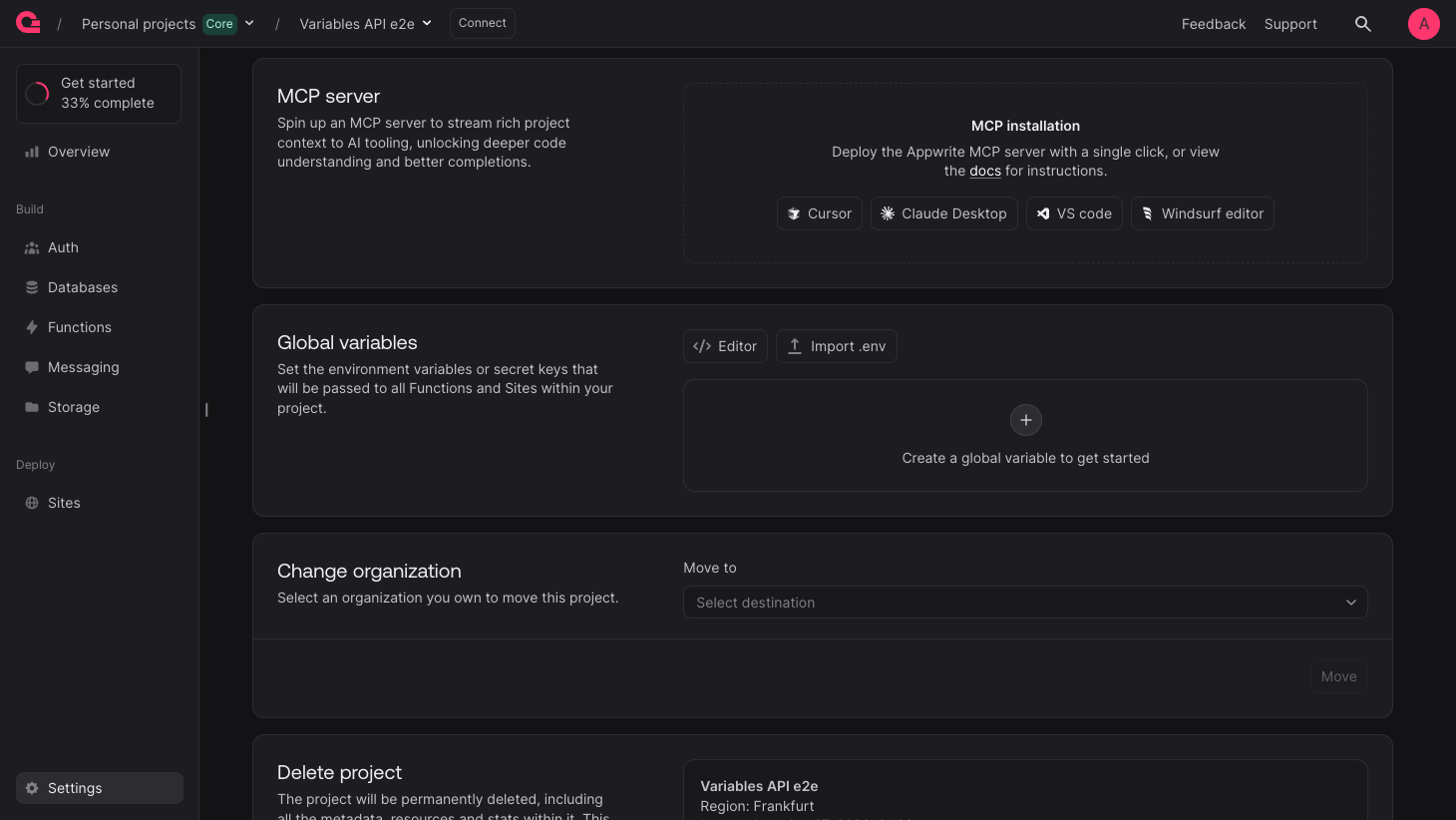 Project Global variables in the Appwrite Console