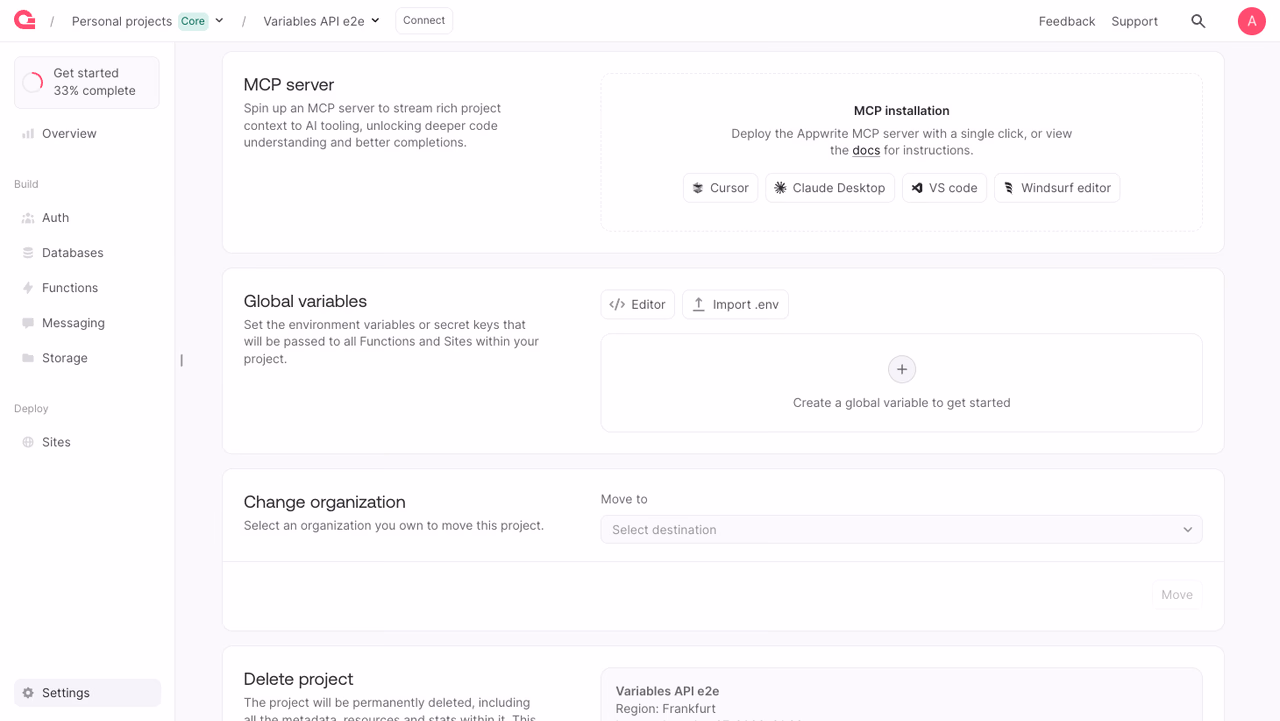 Project Global variables in the Appwrite Console