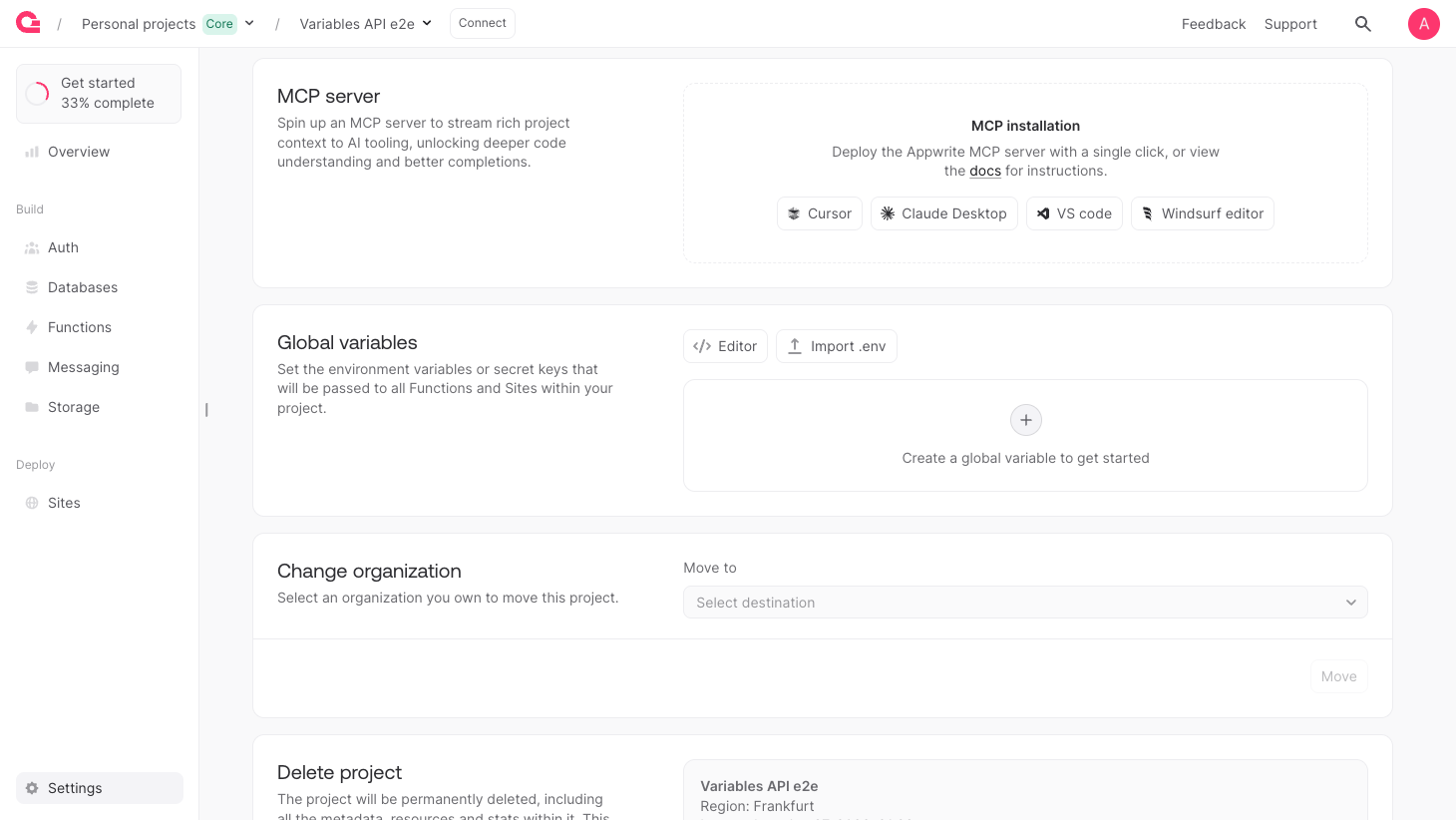 Project Global variables in the Appwrite Console