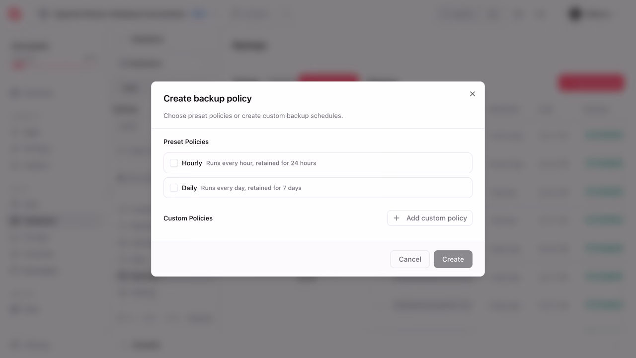 Create backup policy dialog