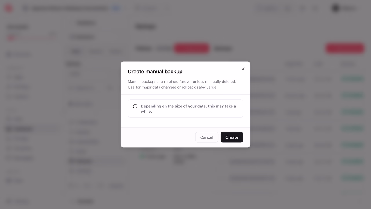Create manual backup dialog