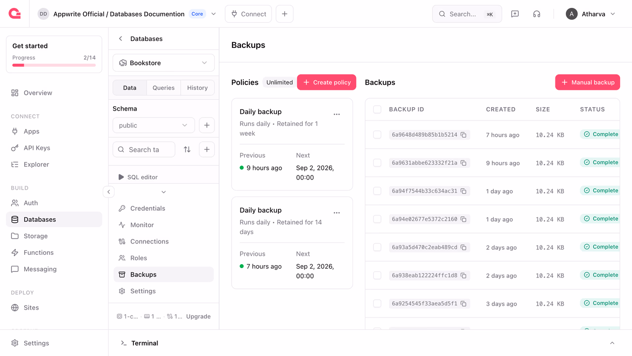 Backups page with policies and completed backups