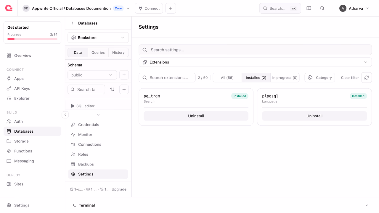 Extensions catalog filtered to installed extensions