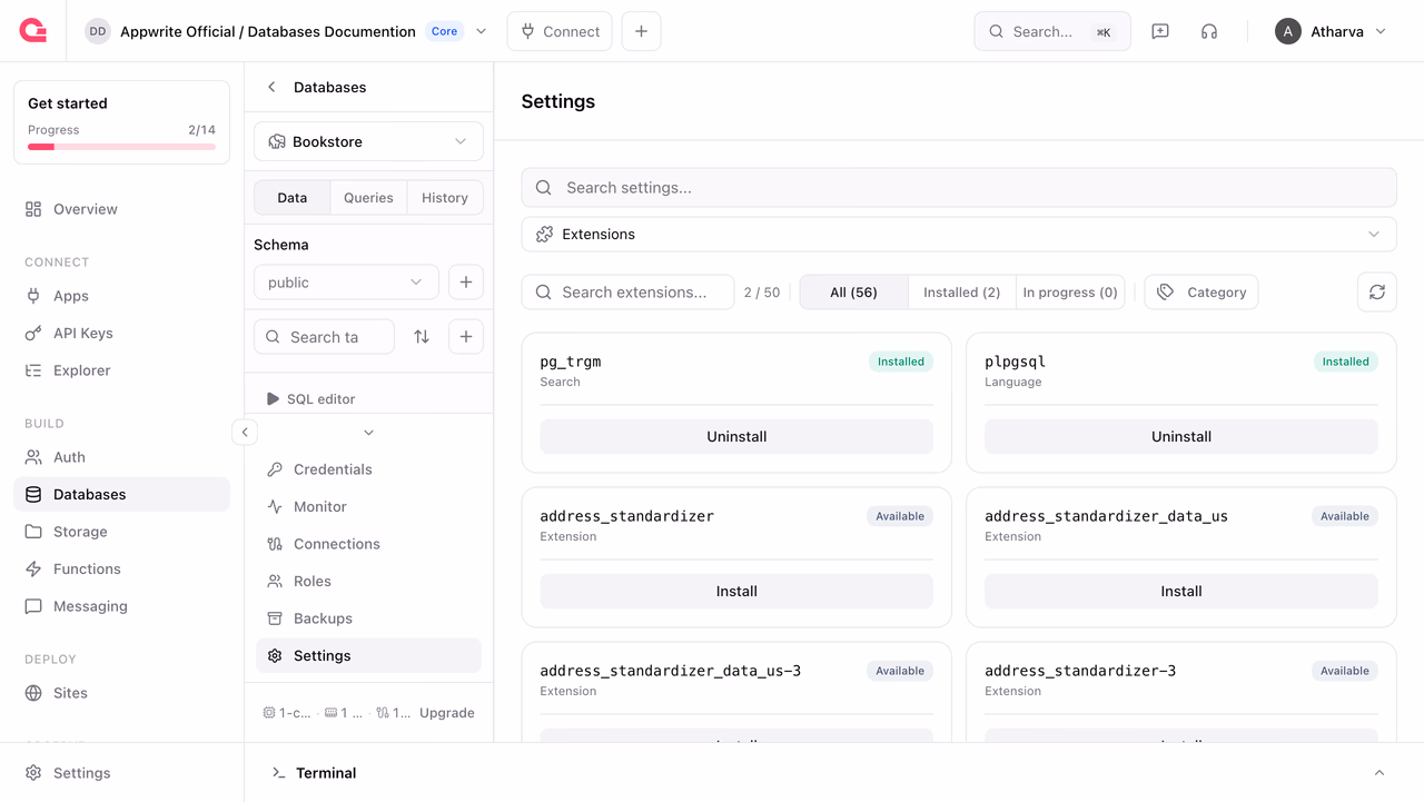 Extensions catalog in database settings