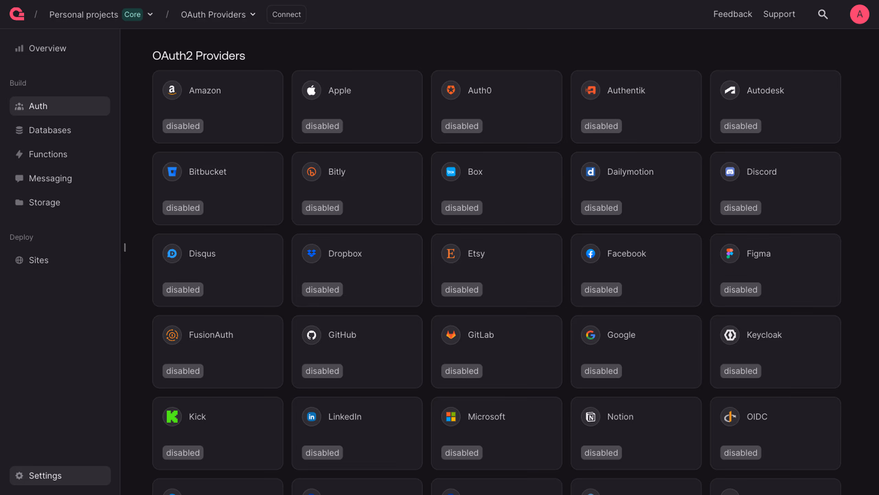 OAuth2 providers in the Appwrite Console