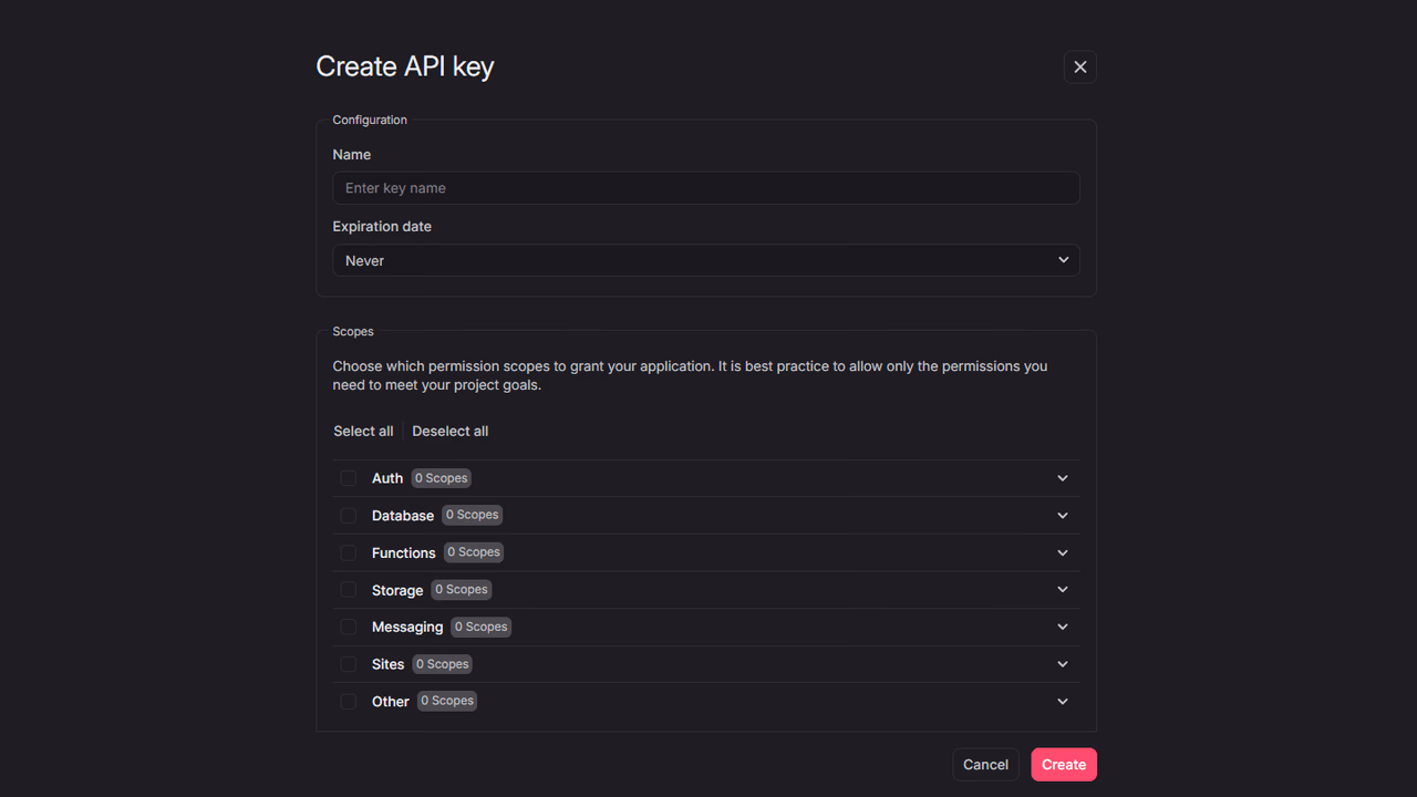 Create project screen