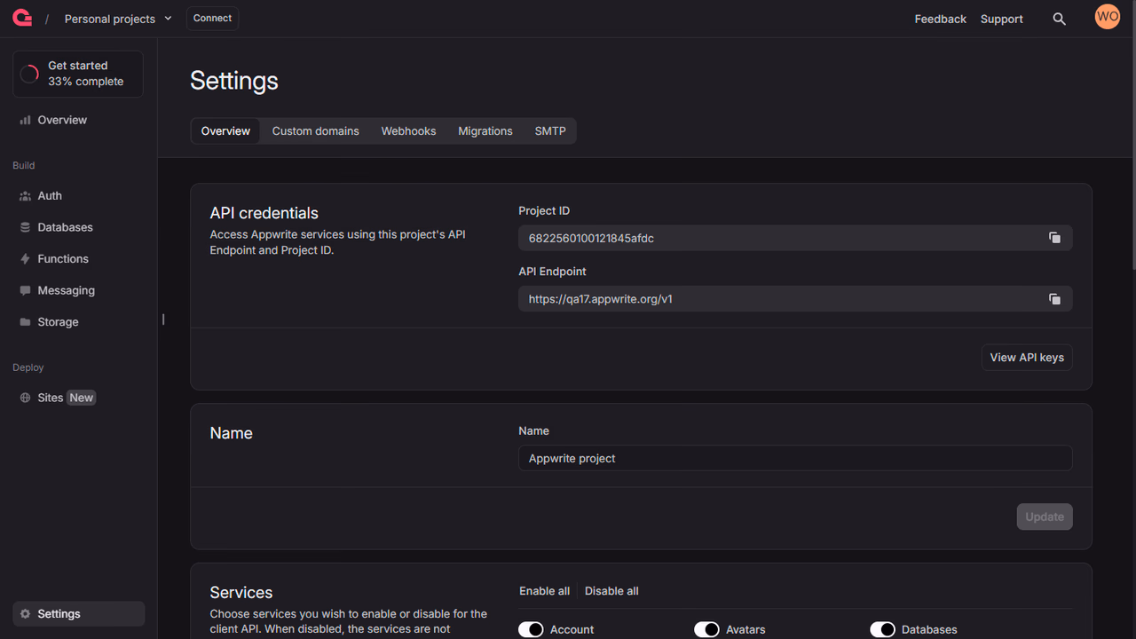 Project settings screen