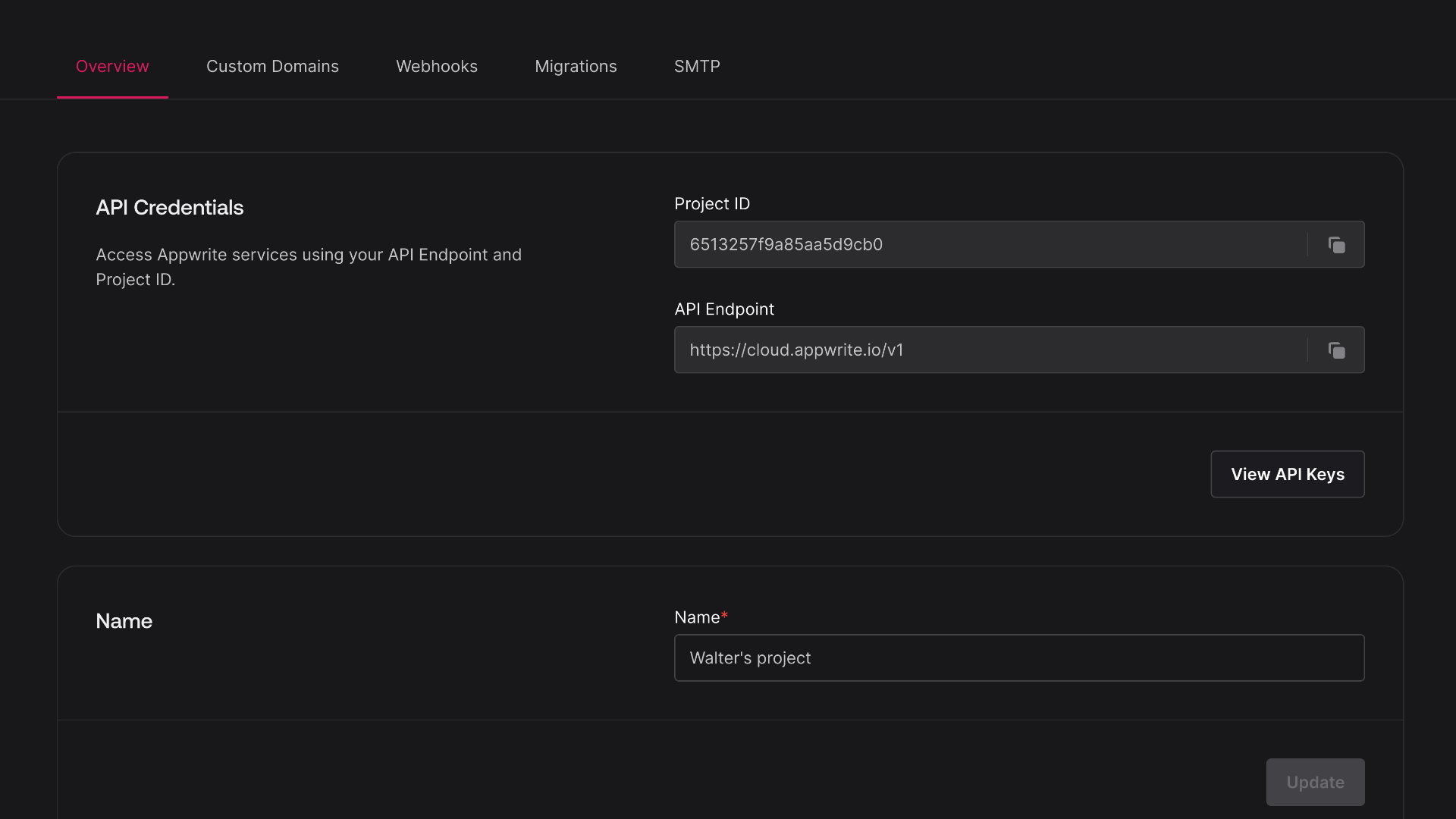 Project settings screen
