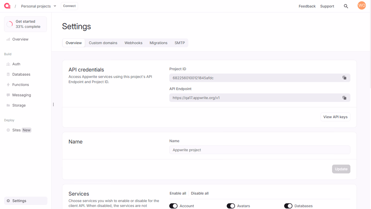 Project settings screen