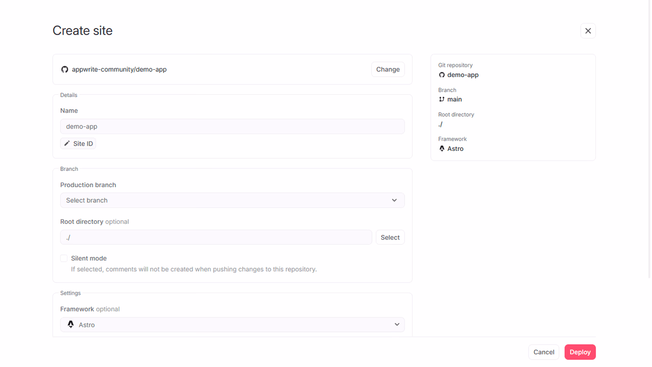 Create site wizard