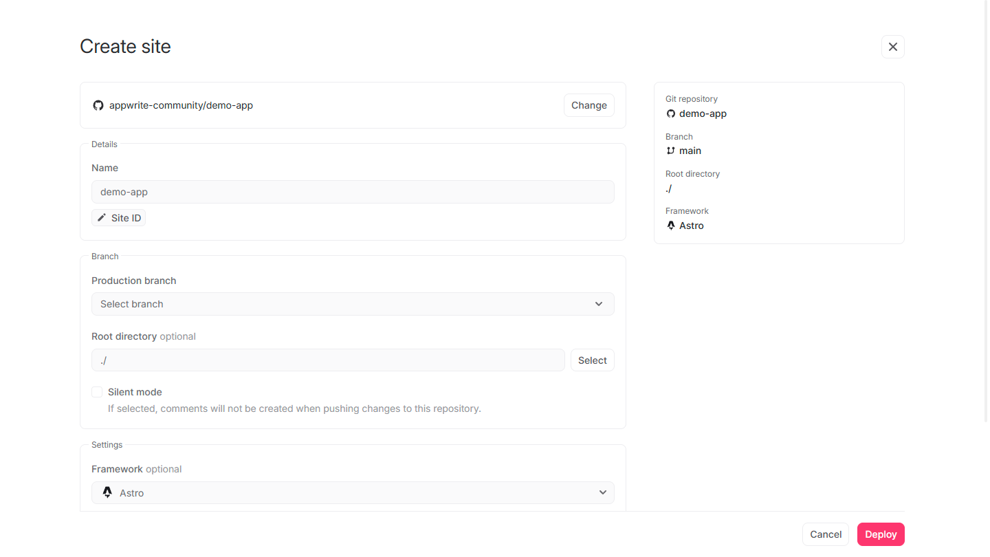 Create site wizard