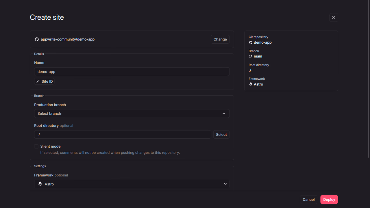 Create site wizard