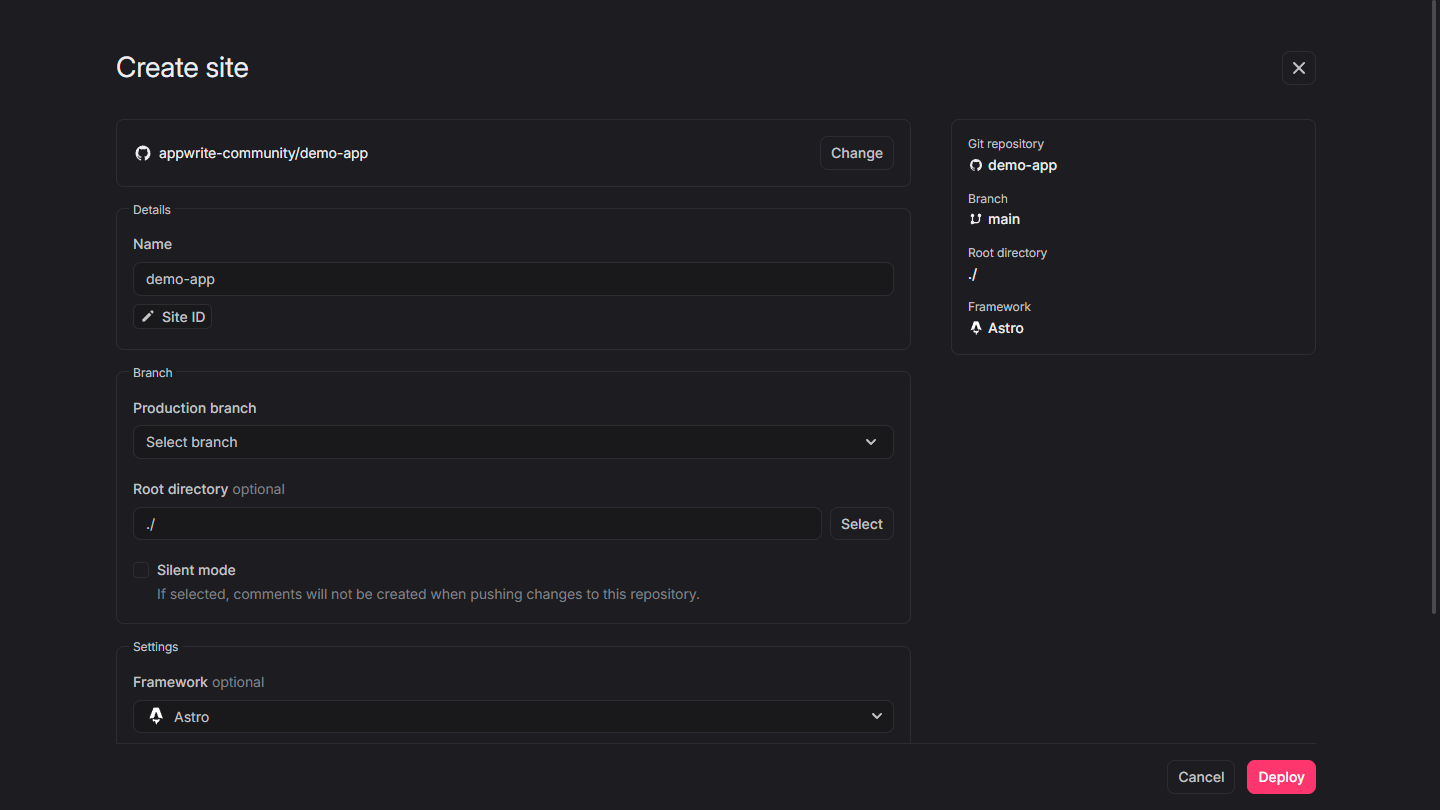Create site wizard