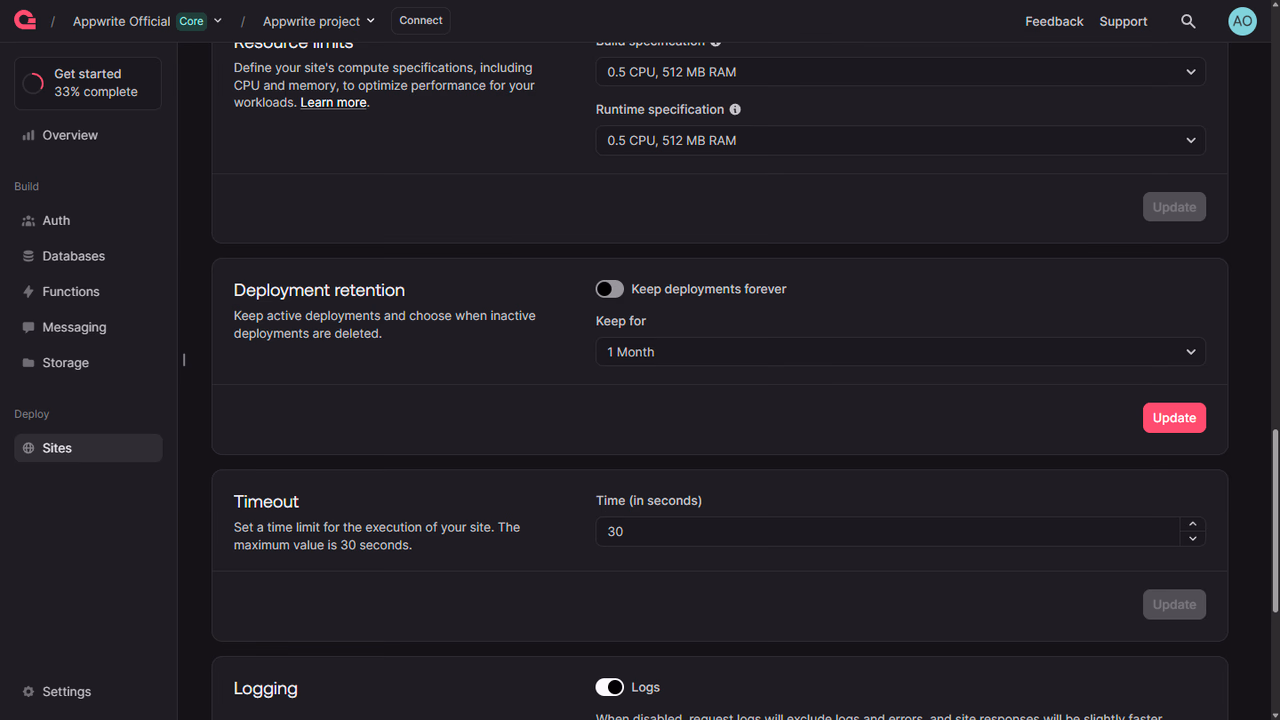 Site deployment retention settings