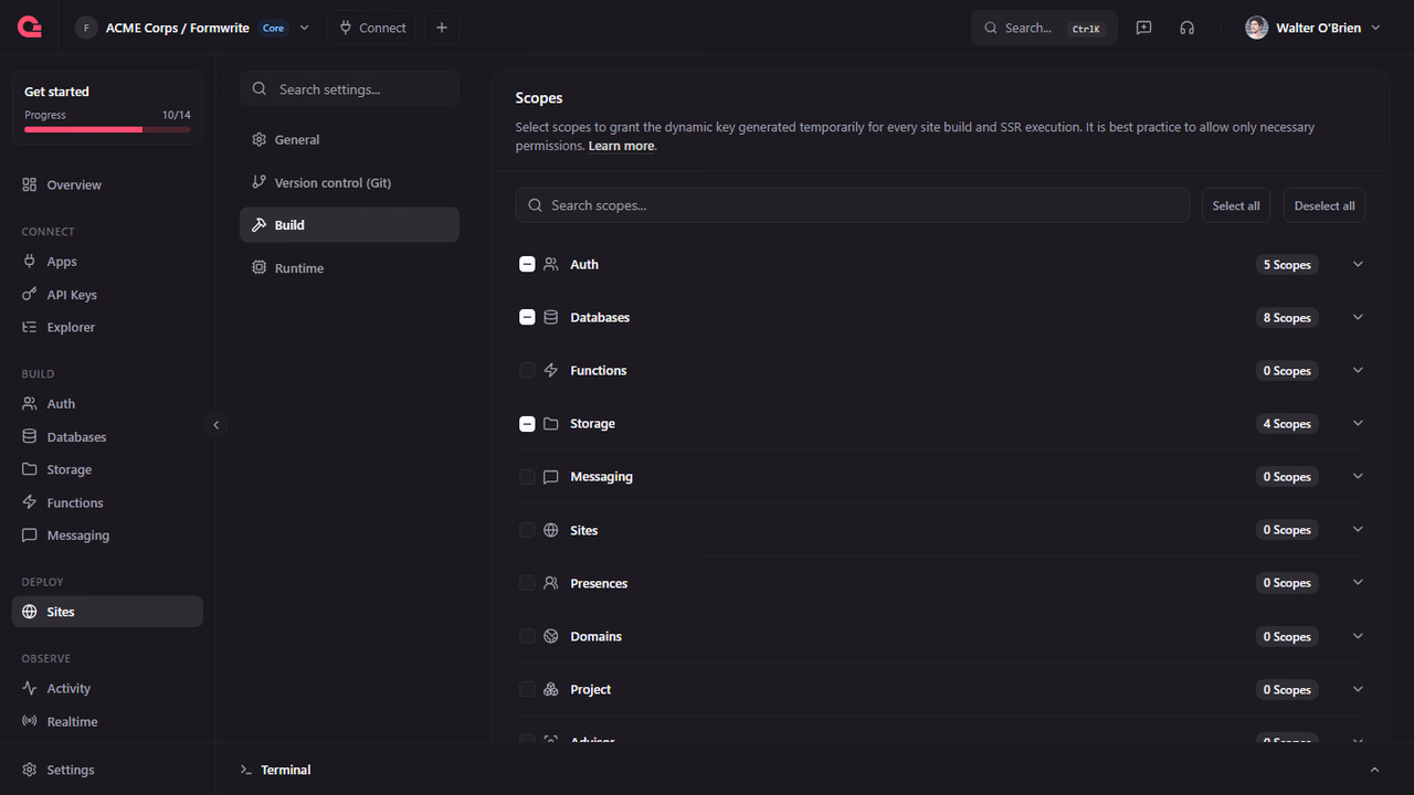 Scopes card in a site's Build settings