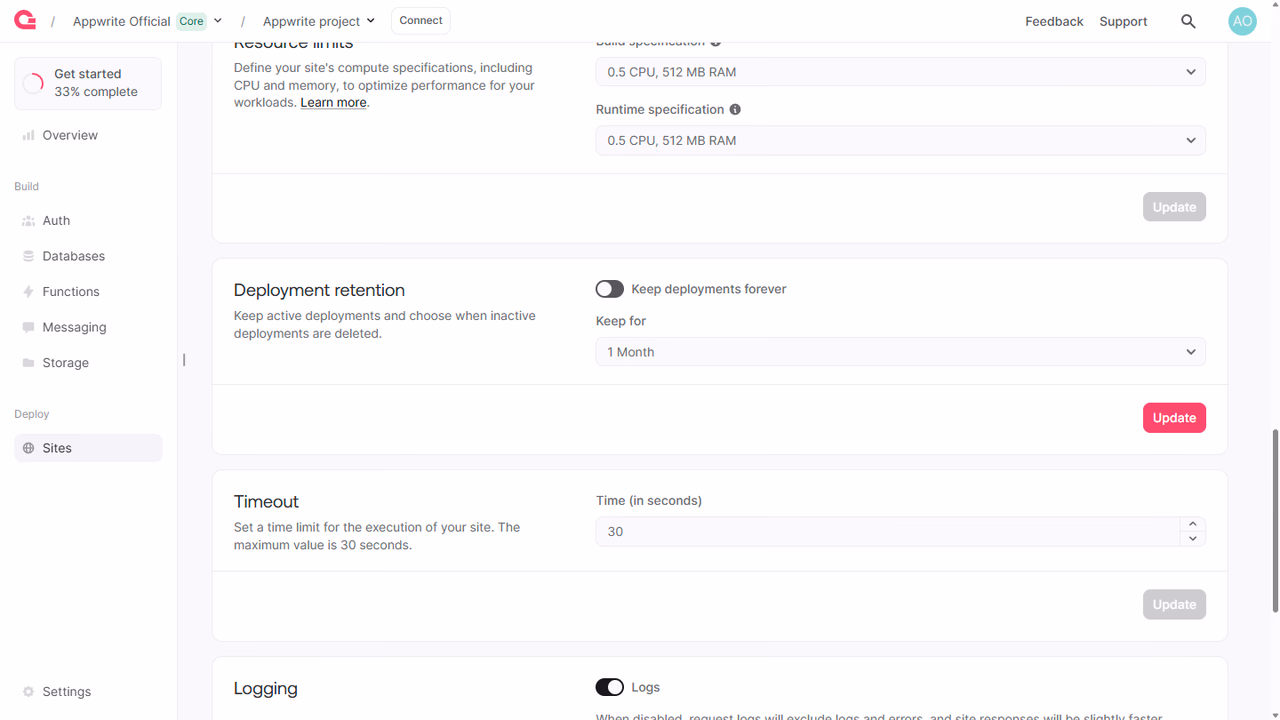 Site deployment retention settings