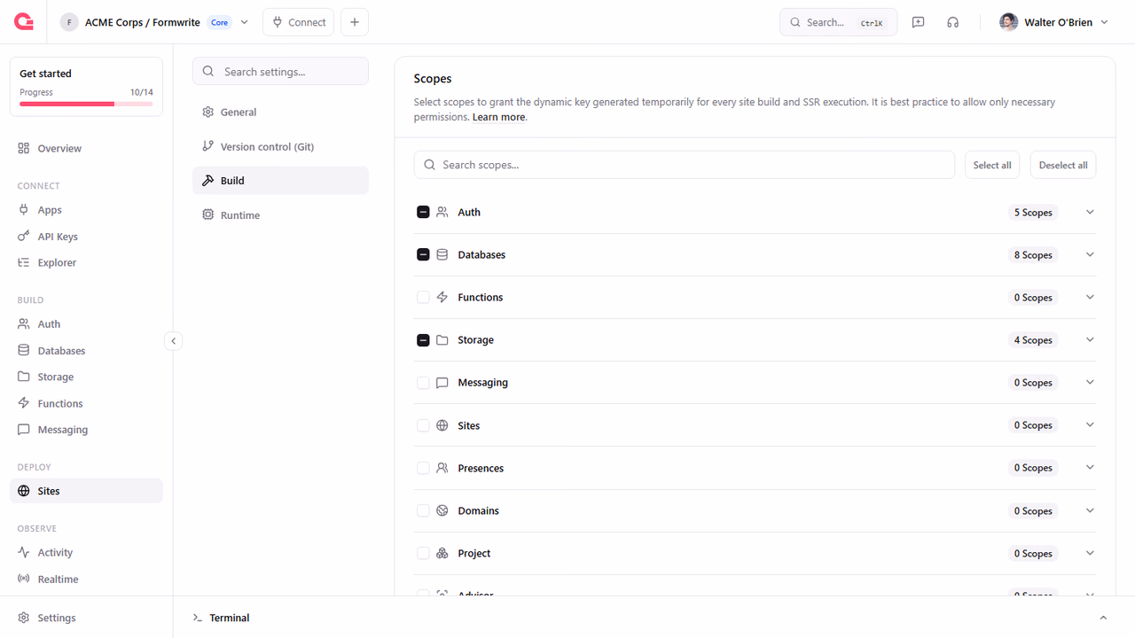 Scopes card in a site's Build settings