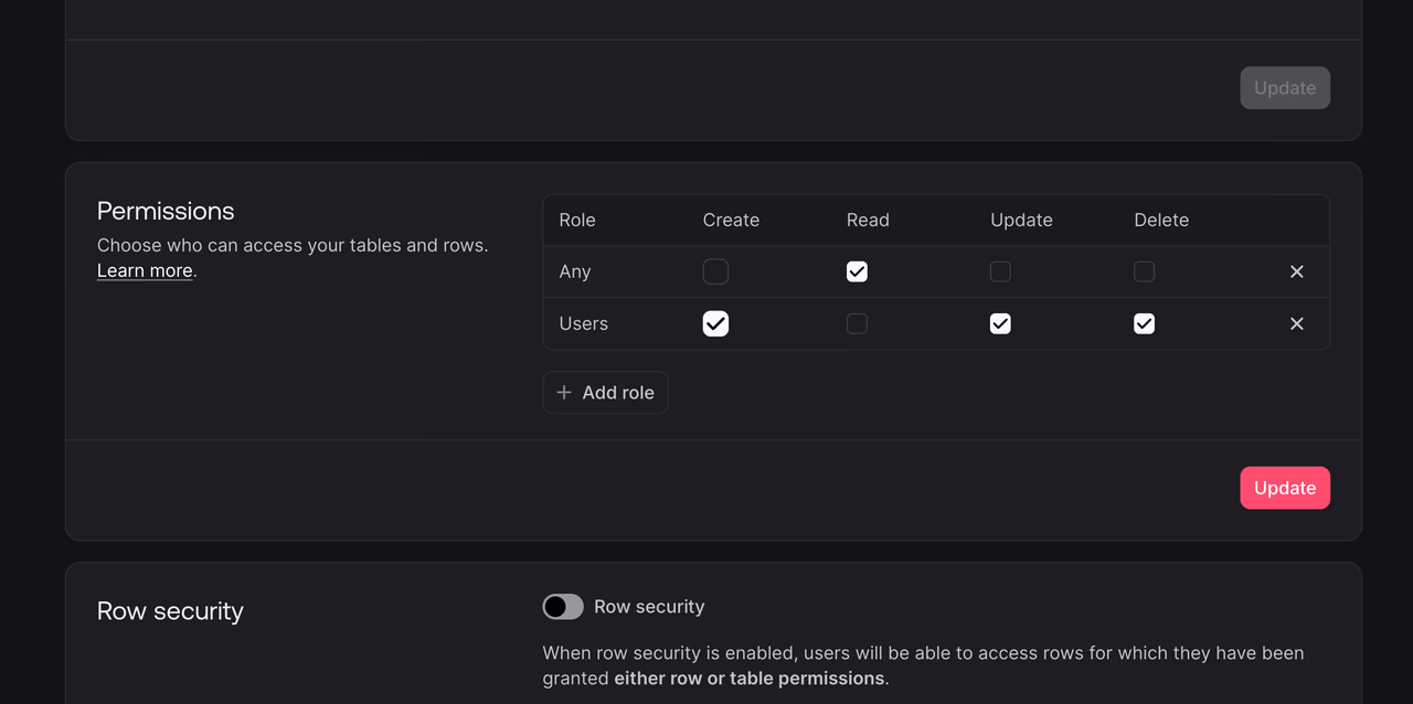 Table permissions screen