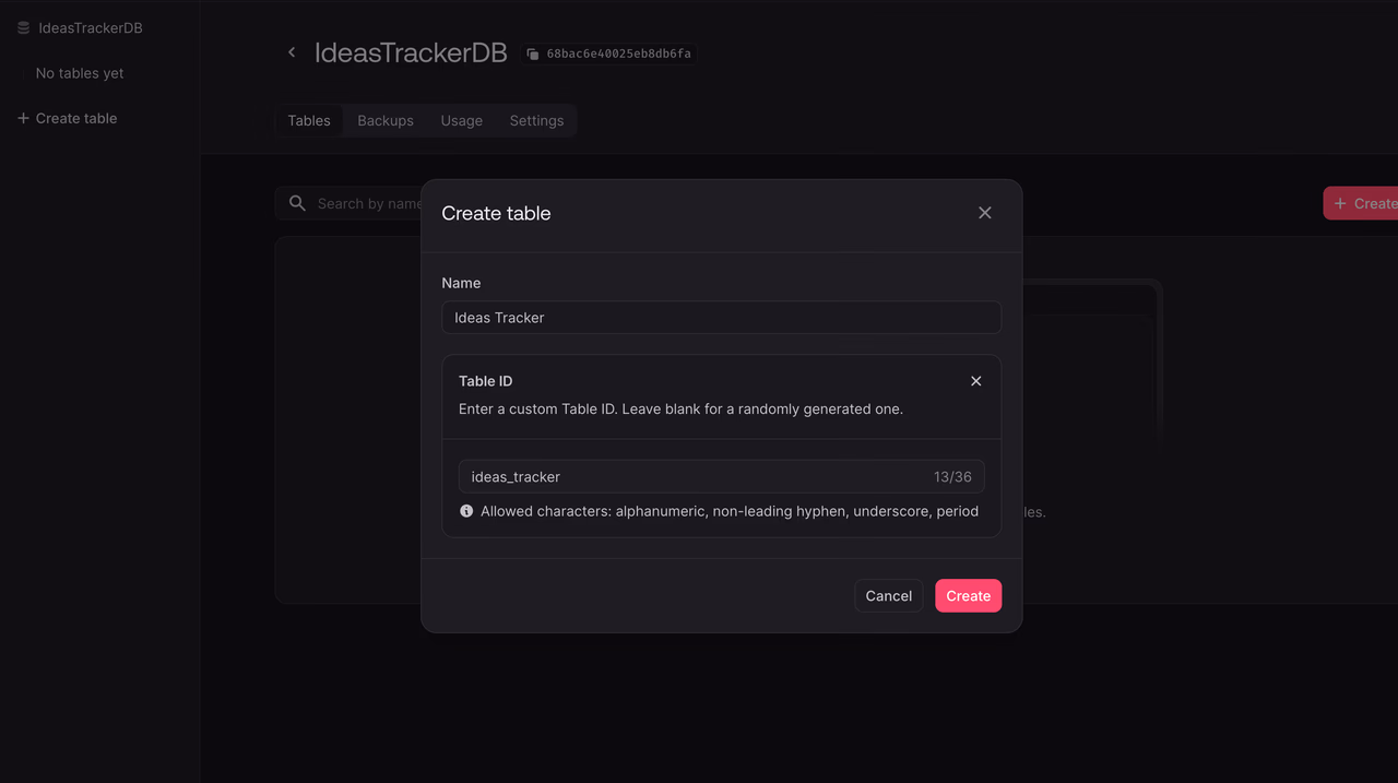 Create table screen