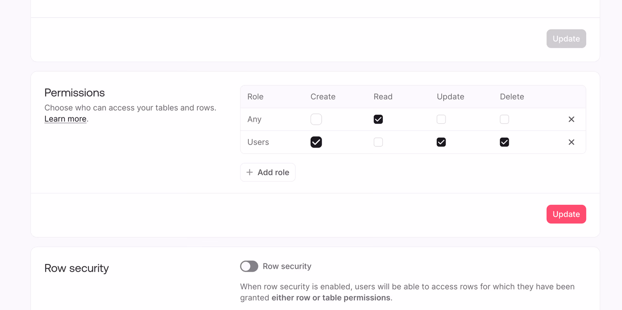 Table permissions screen