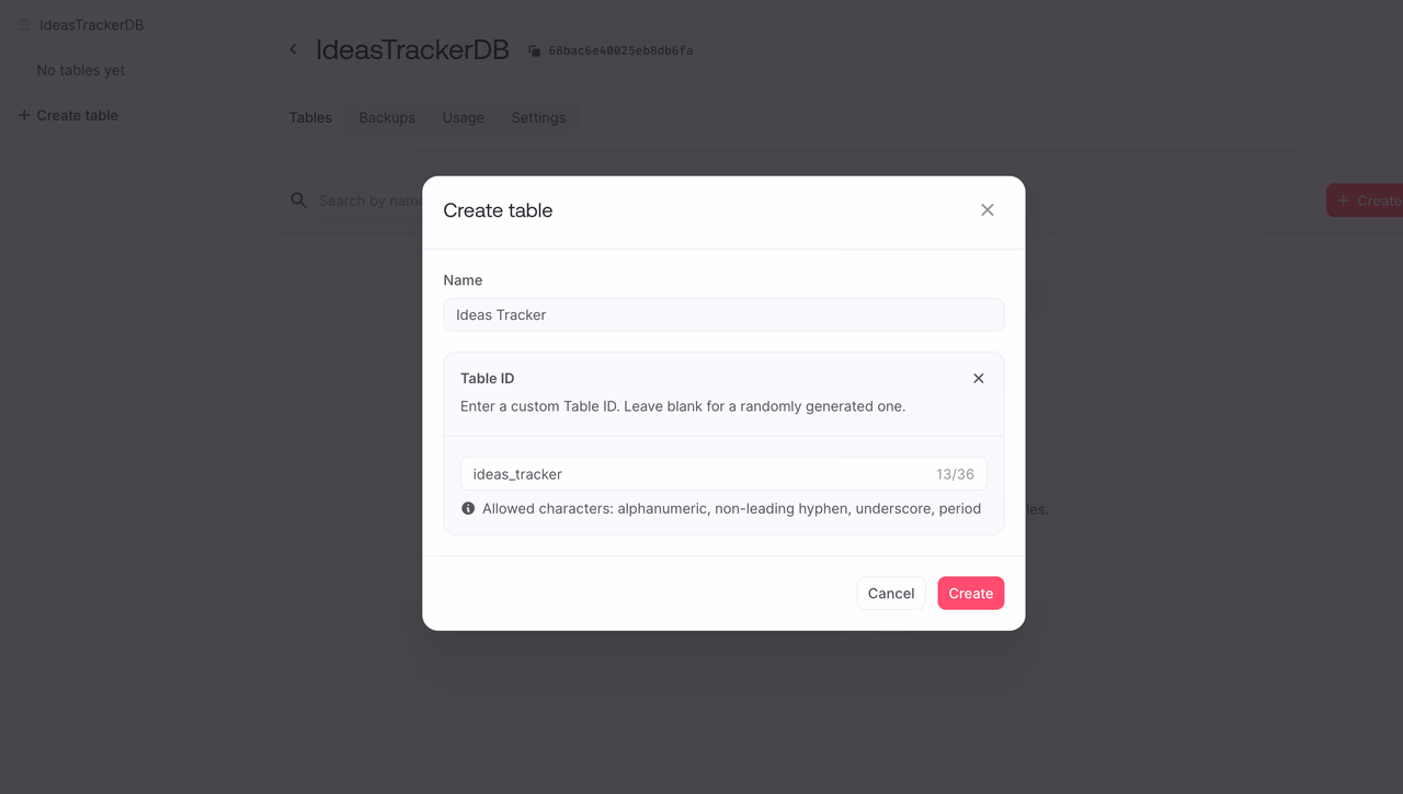 Create table screen