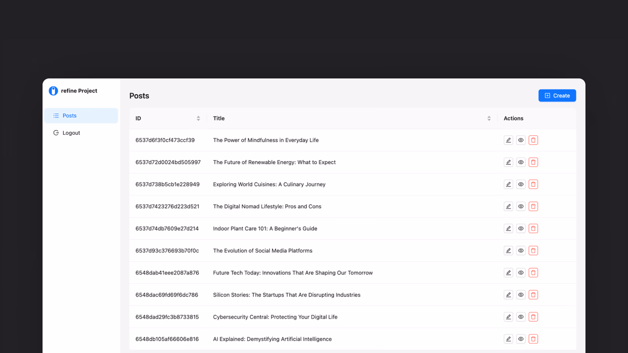 Create project screen