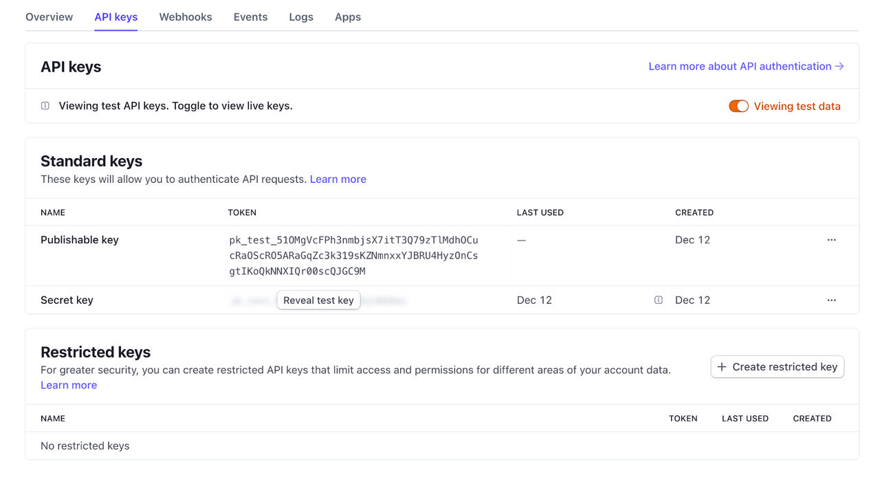 Stripe API key screen